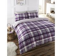 Angus Flanelette Super King Size Quilt Duvet Cover and 2 Pillowcase Bedding Bed Set, Tartan Check - Purple/White/Plum