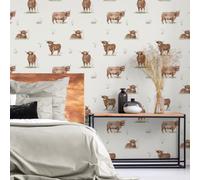 Angus Highland Cow Wallpaper Cream Textured
