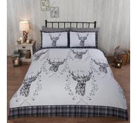 Angus Stag Grey Double Duvet Cover Set - 100% Brushed Cotton, Reversible Stag Head & Tartan Check