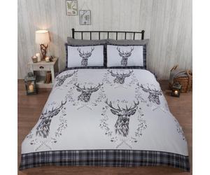 Angus Stag Grey Double Duvet Cover Set - 100% Brushed Cotton, Reversible Stag Head & Tartan Check