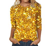 Angxiwan 2024 10 Pound Items Oversized T Shirts for Women Women's Sequin T Shirt Design Three Sleeved Round Neck Fashion Top Gold