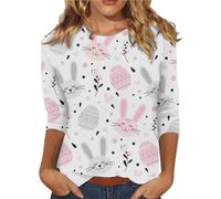 Angxiwan 2024 Plus Size Thermal Tops Happy Easter Day Women Shirt 3/4 Sleeve Funny Bunny Graphic Tee Tops Casual Loose Today Deals What are My Deals Grey
