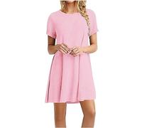 Angxiwan 2024 Summer Dresses for Women UK Casual Short Sleeve Mini Dress Ladies Plus Size Crew Neck Beach Dresses Solid Color Home Bargains Shop Online Pink