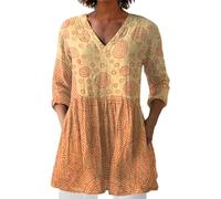 Angxiwan 2025 New Women's Summer Printed Group Shirt Women's Linen V Neck Casual Shirt Soft Cotton Long Sleeve T Women Loose Tops for Women UK Tunic Tops Tunic