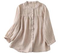 Angxiwan 3/4 Sleeve Linen Shirts for Women 2025 Cotton Summer Retro Embroidered Tops Casual Trendy Vacation Blouse Women Turtle Neck Long Sleeve Shirts Elegant Tops
