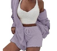 Angxiwan 3 Piece Loungewear Sets for Women Fluffy Fleece Long Sleeve Hooded Cardigan Crop Top Shorts Suit Fuzzy Pajama Set Winter Plush Warm Home Wear Casual Knit Loungewear Purple