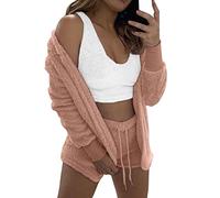 Angxiwan 3 Piece Loungewear Sets for Women Fluffy Fleece Long Sleeve Hooded Cardigan Crop Top Shorts Suit Fuzzy Pajama Set Winter Plush Warm Home Wear Casual Knit Loungewear Khaki