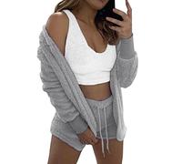 Angxiwan 3 Piece Loungewear Sets for Women Fluffy Fleece Long Sleeve Hooded Cardigan Crop Top Shorts Suit Fuzzy Pajama Set Winter Plush Warm Home Wear Casual Knit Loungewear