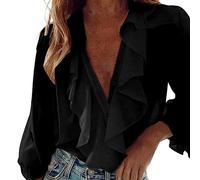 Angxiwan Autumn Tops for Women UK Women's Chiffon Ruffle Shirt V Neck Loose Commuting Long Sleeve Top Ladies Plus Size Tunic Tops Going Out Tops for Women UK Elegant Tops Women