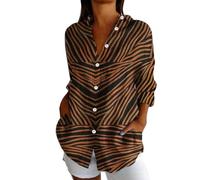 Angxiwan Bardot Tops for Women UK Linen Shirt Women Oversized Long Sleeve Button Down T-Shirts Cardigans Fashion Artistic Print Tunic Tops Summer Casual Loose My+Orders A Brown