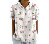 Angxiwan Bargains of The Day Sale Oversized Linen Shirts for Women's Summer Doll Neck Flower Print Loose Casual Top Plus Size Flowy Tops Fitted Warehouse Clearance Bargains Sale White