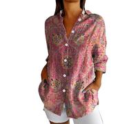 Angxiwan Beach Cover Ups and Kaftans Linen Shirt Women Oversized Long Sleeve Button Down T-Shirts Cardigans Fashion Artistic Print Tunic Tops Summer Casual Loose Warehouse Deals Clearance A Pink