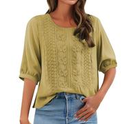 Angxiwan Beach Cover Ups and Kaftans Linen Shirts for Women UK Casual Loose Fit Short Sleeve Tunic Tops Retro Floral Embroidery Jacquard Linen Blouse Solid Color Sales Clearance