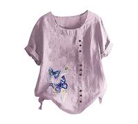 Angxiwan Best Tops for Women UK Womens Linen Tops Ladies Fashion Summer Butterfly Print Cotton Linen Loose Casual T Shirt Today's Deals of The Day Clearance