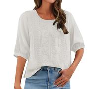 Angxiwan Boho Tops for Women Linen Shirts for Women UK Casual Loose Fit Short Sleeve Tunic Tops Retro Floral Embroidery Jacquard Linen Blouse Solid Color Deals of The Day Sale Prime B White