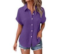 Angxiwan Boho Tops for Women Summer Linen Tops for Women UK Lightweight Button Down Boho Shirts Casual Pleated Muslin Blouse Solid Color Short Sleeve Tunic My+Orders