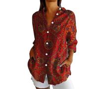 Angxiwan Boho Tops for Women UK Linen Shirt Women Oversized Long Sleeve Button Down T-Shirts Cardigans Fashion Artistic Print Tunic Tops Summer Casual Loose Deals of The Day Sale Prime A Red