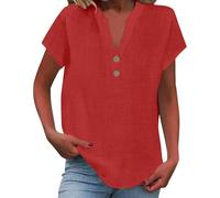 Angxiwan Boho Tops for Women UK Plus Size Linen Shirt Women Plus Size Short Sleeve Boho Tunic Tops Lightweight Button V Neck T Shirts Summer Solid Color Flowy Hem Blouse Kaftans Full Length B Red