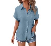 Angxiwan Boho Tops for Women UK Summer Linen Tops for Women UK Lightweight Button Down Boho Shirts Casual Pleated Muslin Blouse Solid Color Short Sleeve Tunic Deals of The Day Sale Prime