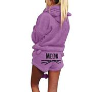Angxiwan Cat Pyjamas Women Cute Fleece Pjs Hooded Pullover Long Sleeve Hoodie with Meow Shorts Two Piece Set Cozy Lounge Sleepwear Loungewear Purple