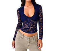 Angxiwan Cheesecloth Shirts Women Lace Long Sleeve Tops for Women Sexy Low Cut Going Out Mesh Crop Tops Slim Tight Shirts Lace Undershirt Long Sleeve Zipped UK Lady Cotton Shirt Blouse Blue