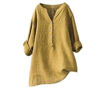 Angxiwan Clearance Items 10P Items Linen Tops for Women UK Women's Solid Color Stand up Collar Button Cotton Long Sleeved Shirt Blouse Yellow