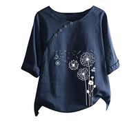 Angxiwan Clearance Items 2 Pound Items Linen Tops for Women UK O-Neck Short Button Sleeve Print Floral T-Short Fashion Tops Blouse Casual Women Women's Blouse Navy