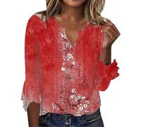 Angxiwan Clearance Items Plus Size Blouses for Women Summer Women's Tops Seven Split Sleeve Vintage Floral Shirt Big Size Ruffle Items Under 2 Pounds Gifts Items Under 3 Pounds Red