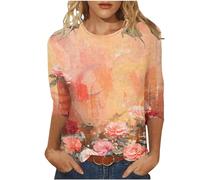 Angxiwan Clearance Items Plus Size Feather Top Women's Spring/Summer Round Neck Flower Print Loose Casual 3/4 Sleeve T Shirt Summer 2024 Women Clearance Rose Gold
