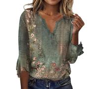 Angxiwan Clearance Oversize T Shirts for Women UK Women's Loose Casual Ethnic Print Seven Point Cuff Cuff Top V Neck T Shirt Stuff Today Green