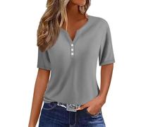 Angxiwan Clearance Pay Monthly Womens Summer Tops Women's Fashion Casual Solid Color Button Short Sleeve Top T Shirt Grey