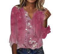 Angxiwan Clearance Plus Size Blouses for Women Summer Women's Tops Seven Split Sleeve Vintage Floral Shirt Big Size Ruffle Items Under 5 Pounds Items Under 50P Hot Pink