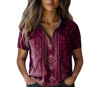 Angxiwan Cotton Blouses for Women Linen Shirts Women Summer Short Sleeve Button Down T-Shirts with Pockets Elegant Graphic Print Tunic Tops Lightweight Loose Holiday Essentials for