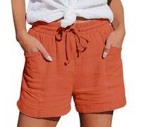 Angxiwan Cotton Shorts for Women Ladies Shorts Summer Drawstring Elastic Waist Cotton Linen Trousers with Pockets Loose Solid Color Walking for Holiday Beach Daily Womens Linen Orange L
