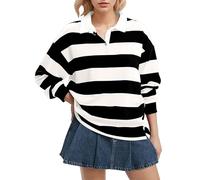 Angxiwan Cotton T Shirts for Women UK Women's Oversized Striped Sweatshirt Long Sleeve Rugby Collared Pullover Tops Loose Fit Shirt Women S Shirts Casual v Neck t Black Long Sleeve mesh top