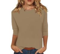 Angxiwan Daily Deals Clearance Oversized T Shirts for Women Women's Solid Color Round Neck Slim Seven Point Sleeve T Shirt Top Womens Plus Brand onlinestreet Khaki