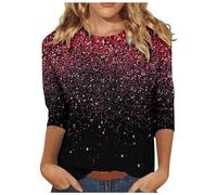 Angxiwan Daily Deals Clearance Plus Size Going Out Tops Women's Fashionable Round Neck Casual Fine Glitter Gradient Printed Three Quarter Today's Deals of The Day Best Graphic Tees Red