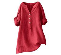 Angxiwan Daily Deals Clearance Prime Same Day and Overnight Items Blouses for Women UK Loose Button Shirt Top Stand Solid Color Medium Sleeve Collar Casual Women's Shirt Women's Shirt Red