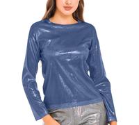 Angxiwan Daily Deals Clearance Summer Tops for Women UK Women's Solid Color Reflective Shiny Metallic Round Neck Long Sleeve Top T Shirt Womens Clearance Details of My Last Order Blue