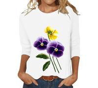 Angxiwan Daily Deals Clearance Women's Plus Size Tops Women's Summer Round Neck Printed Loose Casual 3/4 Sleeve Top Ladies Summer Blouses Autumn Sale 2024 Autumn Day Deals White
