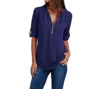 Angxiwan Deals of The Day Lightning Deals Chiffon Shirts for Women Lightweight Solid Color Front Zip Blouse Adjustable Sleeve Going Out Tops with Home Bargains Shop Online