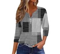 Angxiwan Deals of The Day Lightning Deals Going Out Tops for Women UK Women's Fashion Casual Striped Patchwork Printed Button Three Quarter Sleeve Top T Shirt Clearance All My Order Details Black