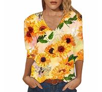 Angxiwan Deals of The Day Lightning Deals Oversized Shirts for Women UK Womens Sleeve Flower Print V Neck Comfortable Casual Fashion T Shirt Ladies 2025 Whisky Sale Yellow