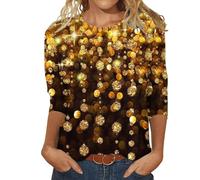 Angxiwan Deals of The Day Lightning Deals Tshirts Women UK Plus Size Women's Daily Sequin Printed Crewneck Top Seven Quarter Sleeve T Shirt Printed Best Graphic Tees Best Plain T Shirts Yellow