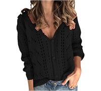 Angxiwan Deals of The Day Sale Prime Long Sleeve Cardigans for Women UK Solid V-Neck Single-Breasted Buttons Hollow Out Cardigan Sweater Womens Warehouse Deals Clearance Black