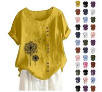 Angxiwan Denim Shirts for Women UK Linen Tops for Women UK Plus Size Short Sleeve Linen Shirts Retro Print Crewneck Tunic Tops Ladies Summer Lightweight Beach Warehouse Deals Clearance A Yellow