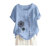 Angxiwan Denim Shirts for Women UK Linen Tops for Women UK Plus Size Short Sleeve Linen Shirts Retro Print Crewneck Tunic Tops Ladies Summer Lightweight Beach Lightning Deals of The Day Today Sale