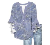 Angxiwan Design T Shirt Online Summer Tops for Women UK Fashion Floral Print Flowy Ruffle Sleeve Tunic Tunic Tops Casual Loose Fit 3/4 Length Sleeves Shirts 80S Tshirts Women UK