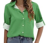 Angxiwan Early Prime Deals Oversized Button Down Shirt Button Down Shirts for Women Loose V Neck Blouses Casual Roll Up Collared Tops with Pocket Women Green