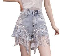 Angxiwan Elastic Waist Shorts for Women Women's Casual Fashion Trend Sexy Tassel Pearl Hot Diamond Denim Shorts 18 Tall Womens Blue